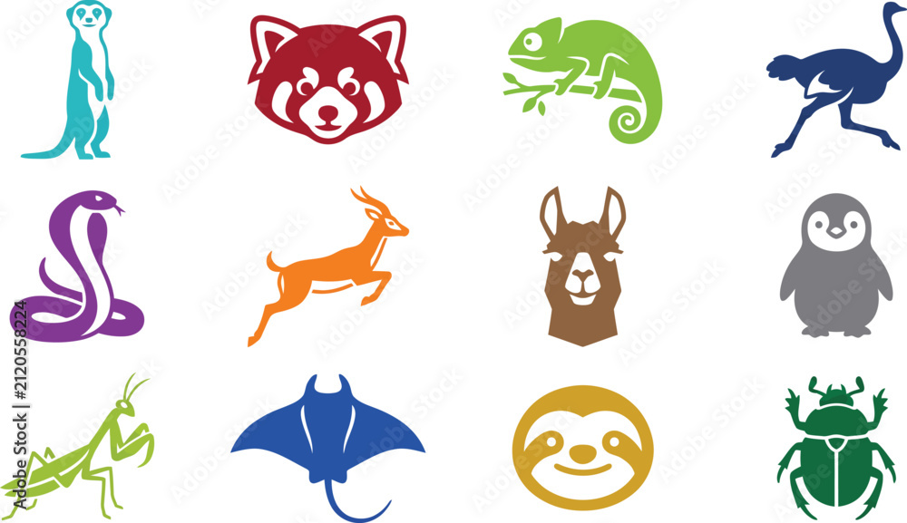 Obraz premium Wild animals set vector icons with meerkat red panda chameleon ostrich sloth and stingray illustrations