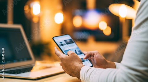 Person browsing news articles on smartphone, digital information consumption at home with warm lighting