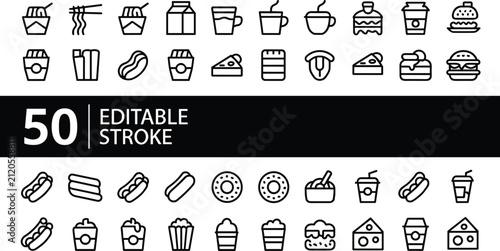 Editable stroke fast food linear icon bundle showcasing takeout snacks hotdogs beverages cakes popcorn and quick meals