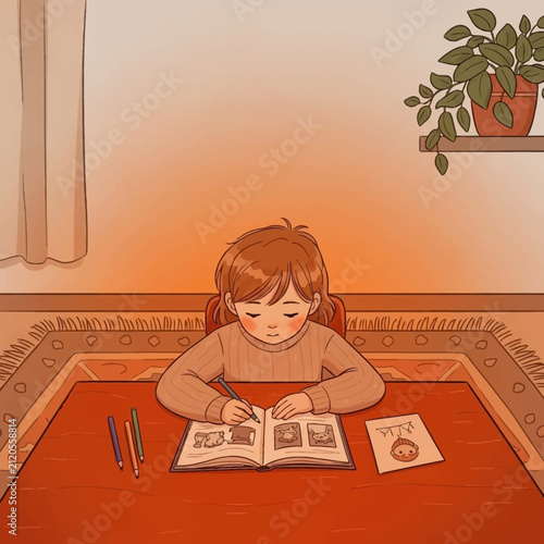 A young person sits at a table drawing in a book