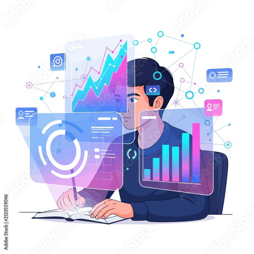 A young professional analyzes digital data on glowing virtual screens