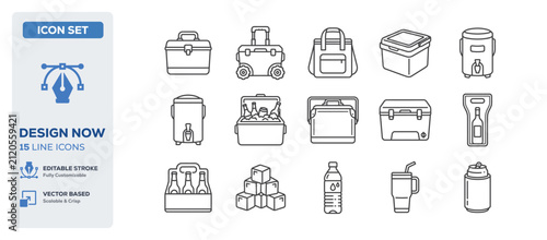 flat vector illustration line art icon bundle set design illustrating camping trips coolers storage food boxes vacation containers portable cold holiday equipment graphic