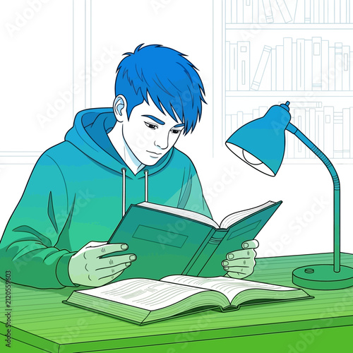 A young student is reading a book at a desk in library
