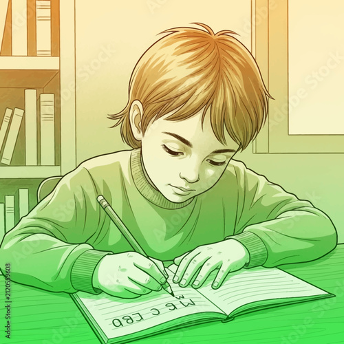 A young student is focused on writing in a notebook indoors