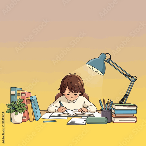 A young student is studying at a desk with a lamp