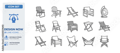 flat vector illustration line art icon bundle set design covering outdoor summer folding chairs nature relaxations comfortable patio seats beach leisure resorts graphics
