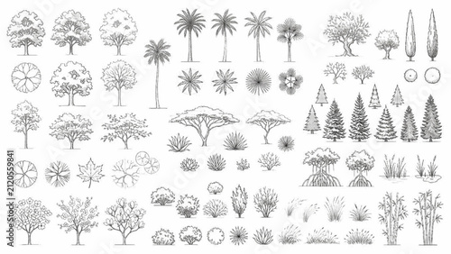 Landscape Plant CAD Blocks Elevation and Top View Monoline Vector Symbol Collection