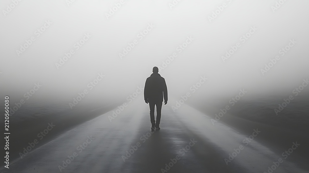 Obraz premium Lone man walking away on a wet road into thick heavy fog or mist