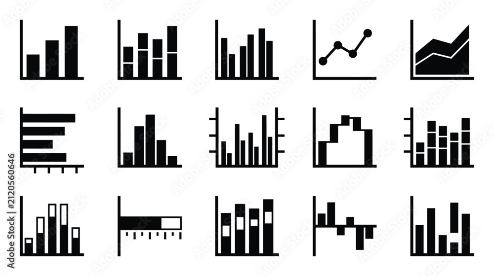 Obraz premium Compilation of fifteen diverse business chart icons for data presentation and analysis with business statistics analysis infographic performance accounting