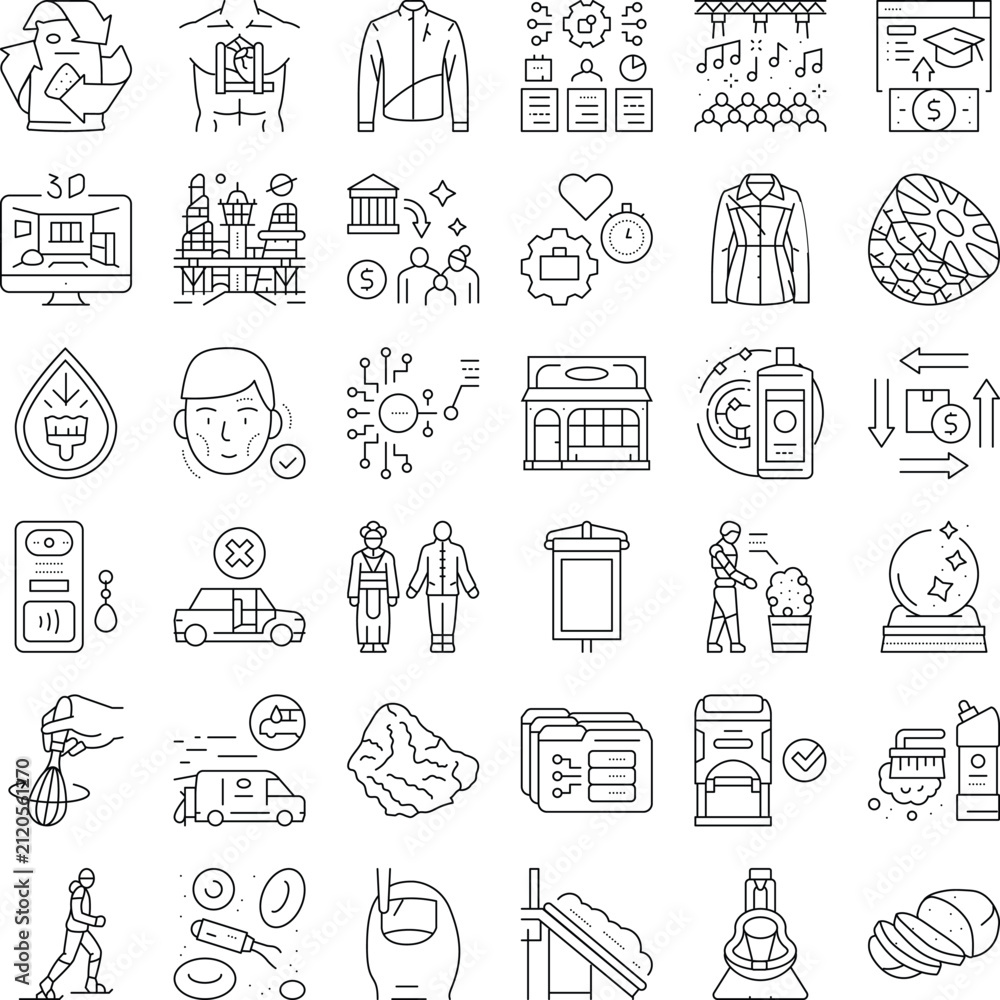 Fototapeta premium Set of minimalist flat icons depicting various themes from technology and business to health and lifestyle, offering a wide range of recognizable symbols for design