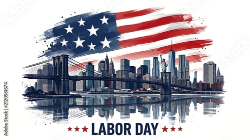 Watercolor of the brooklyn bridge and new york skyline with an american flag background
