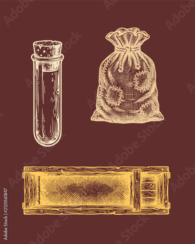 Obraz na płótnie wild west woodcut style gold prospecting and mining equipment, glass sample test
