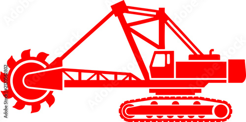 Red silhouette icon of a bucket wheel excavator for mining industry