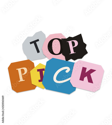 Top pick text made from colorful torn paper pieces