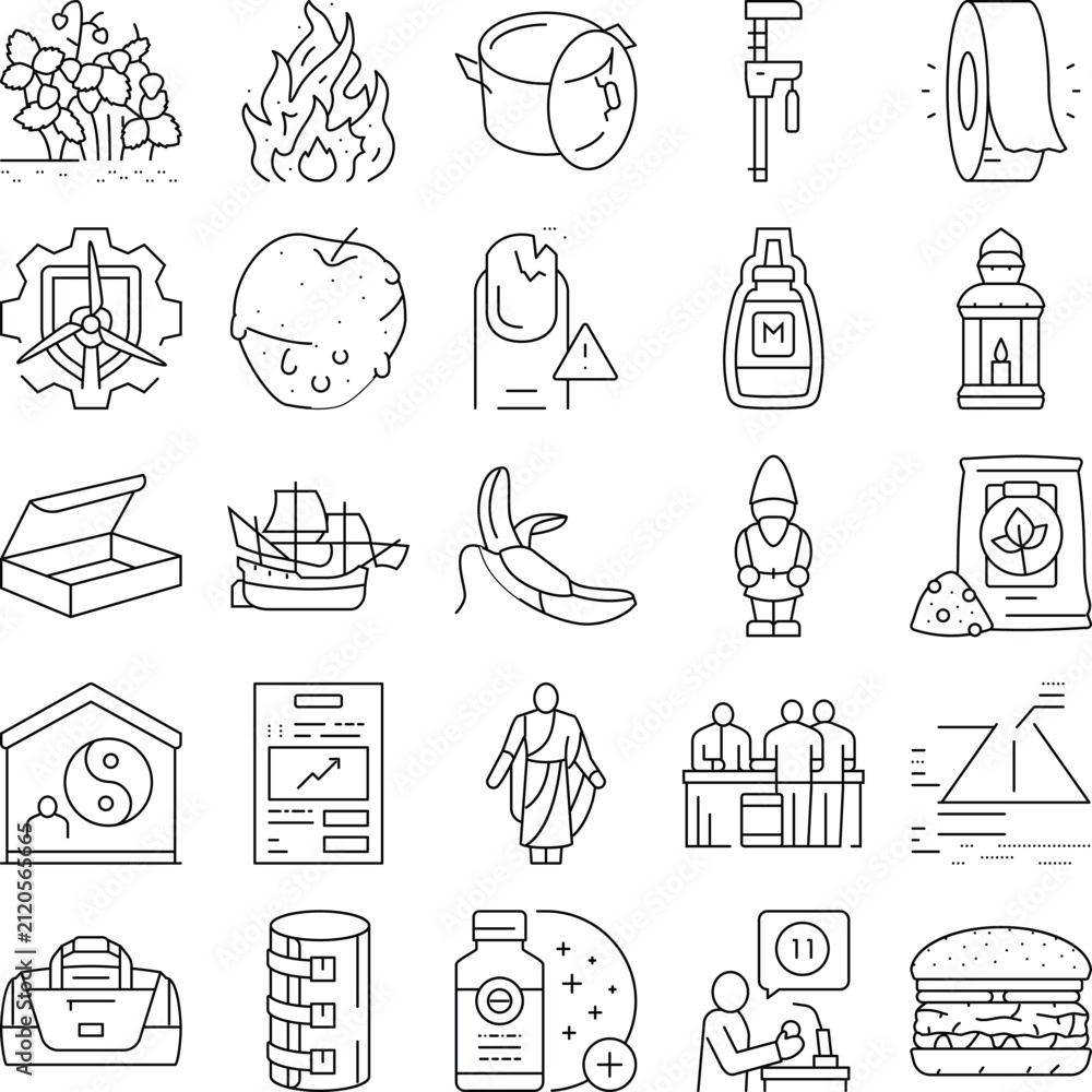 Obraz premium Set of line art graphic symbols featuring a wide range of objects and abstract ideas, including food, nature, tools, technology, and cultural elements for conceptual design