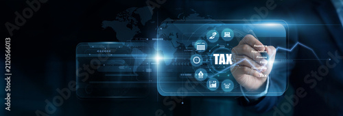 Corporate accountant is using touch pen on a Tax virtual screen to map out annual audit data. This highly secure digital interface ensures strict control over global enterprise networks.