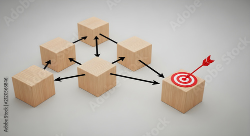 Conceptual Wooden Blocks Connected by Arrows Leading to a Target for Strategic Business Success and Collaborative Networking Growth