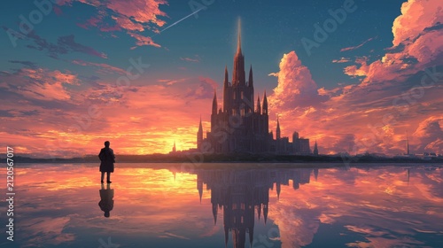 A stunning crystal tower rises magnificently against a vivid sunset sky, with colorful hues of orange, pink, and purple painting the backdrop. The Master Architect stands in silhouette, gazing up at