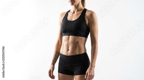Athletic woman in black active wear showcasing a healthy lifestyle and toned abs.