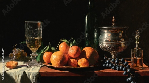 A masterfully crafted still life featuring a medley of vibrant oranges, luscious grapes, an ornate silver bowl, a crystal glass filled with golden liquid, and two green bottles, all set against a dee