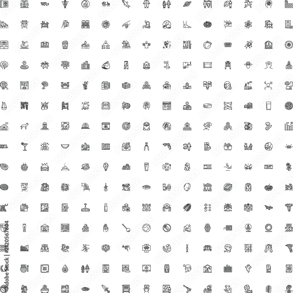 Fototapeta premium Large grid displaying various minimalist outline icons for modern business, daily life, social media, shopping, food, travel, and communication concepts, providing a versatile graphic resource