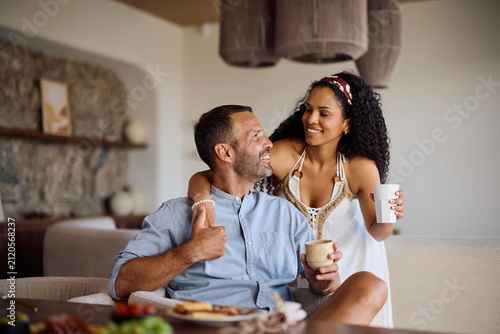 Photography Happy multiracial couple enjoying in their morning during summer vacation