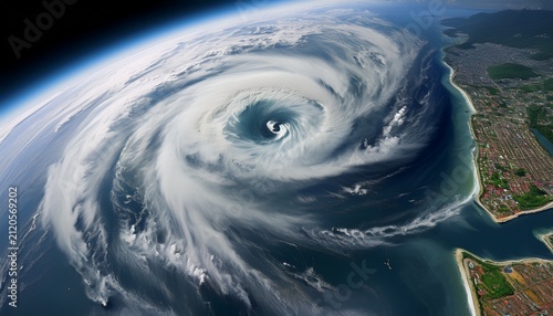 satellite image of a massive hurricane approaching a densely populated coast