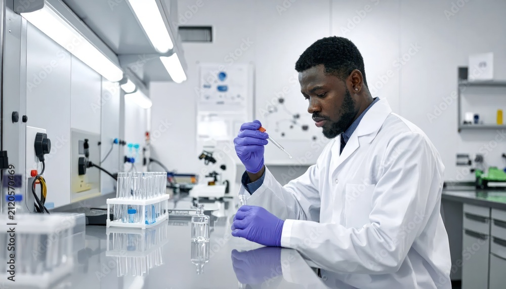 Fototapeta premium Male scientist in lab coat performing chemistry experiment.