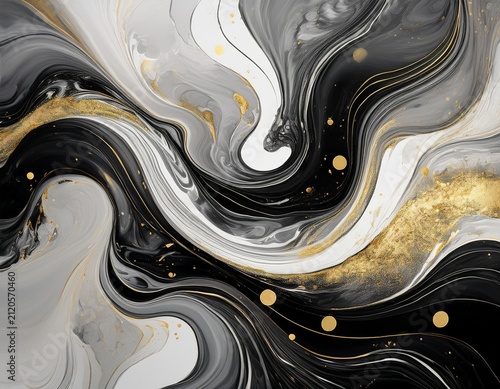 abstract fluid art design intricate swirls and marbled patterns in black gray and white accented by metallic gold specks a mesmerizing visual composition of flowing colors and textures