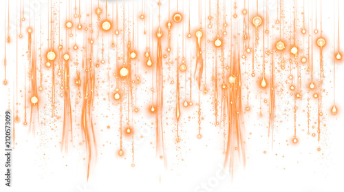 Foto Golden rain of glowing bokeh particles and light drops falling vertically against a transparent checkered grid background
