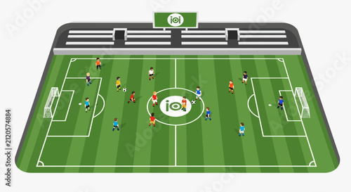 A digital illustration of a soccer match on a green field