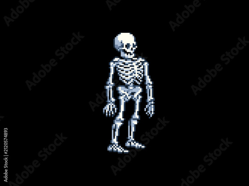 A skeletal figure standing against a dark backdrop, its bones intricately detailed. The image has a distinct pixelated, retro aesthetic, reminiscent of classic video games AI generative