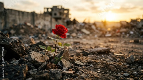 Single Red Rose Blooms Amidst WarTorn Ruins at Sunset.