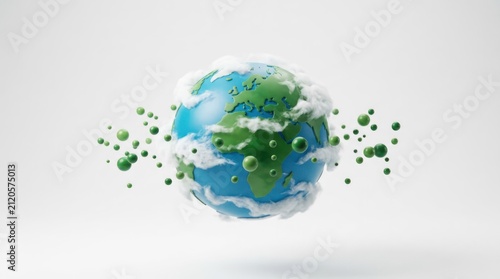 Stylized 3D Earth with Clouds and Green Spheres.