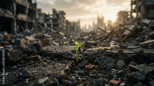 Hope Sprouts Amidst Urban Devastation A Symbol of Resilience.