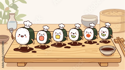 Sushi roll characters wearing chef hats walk across a wooden cutting board leaving trails of soy sauce in a fun kitchen scene.