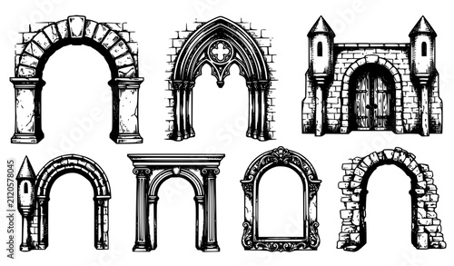 Vintage Archway Illustrations Hand Drawn Stone Architecture Vector Set