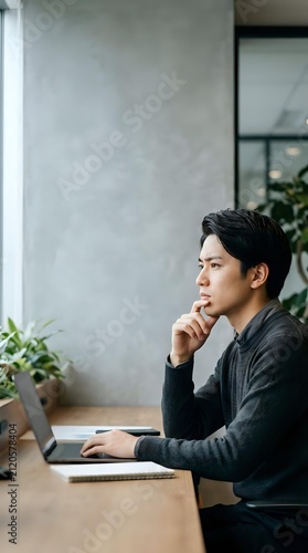 Asian male professional in dark sweater sitting at wooden desk with laptop, hand to chin in thoughtful pose, concrete wall and potted plants in modern office setting for business and work concepts.