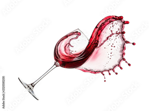 Glass of red wine splashing with dynamic movement isolated on white