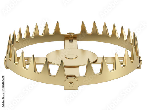 Golden metal animal trap with sharp teeth isolated on white background
