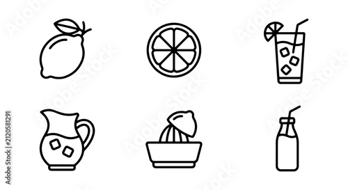 Konstfotografi Lemonade Icons Set: Fresh Citrus Drink, Juice, Summer Refreshment