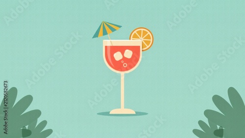 Colorful flat vector illustration of tropical cocktail with citrus fruit with cocktail garnished orange