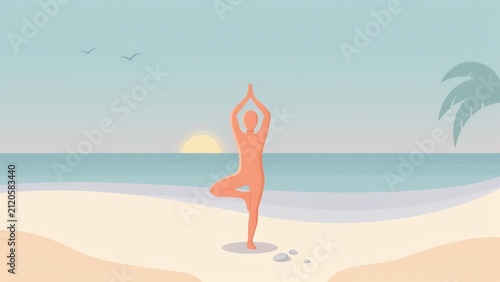Silhouette of person performing yoga pose on beach with practicing yoga sandy tree pose illustration with mindfulness