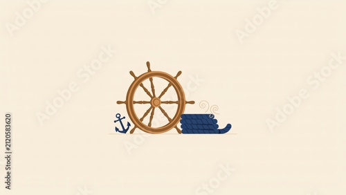 Nautical vector set featuring ship wheel anchor and coiled rope on beige background with displays nautical collection