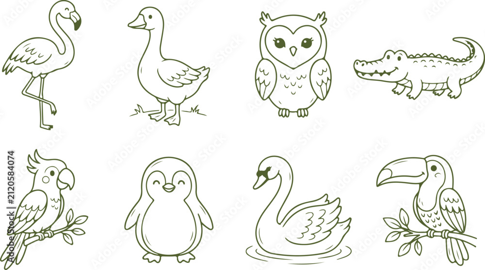 Obraz premium Cute cartoon animals line art drawings of flamingo goose owl alligator parrot penguin swan toucan.
