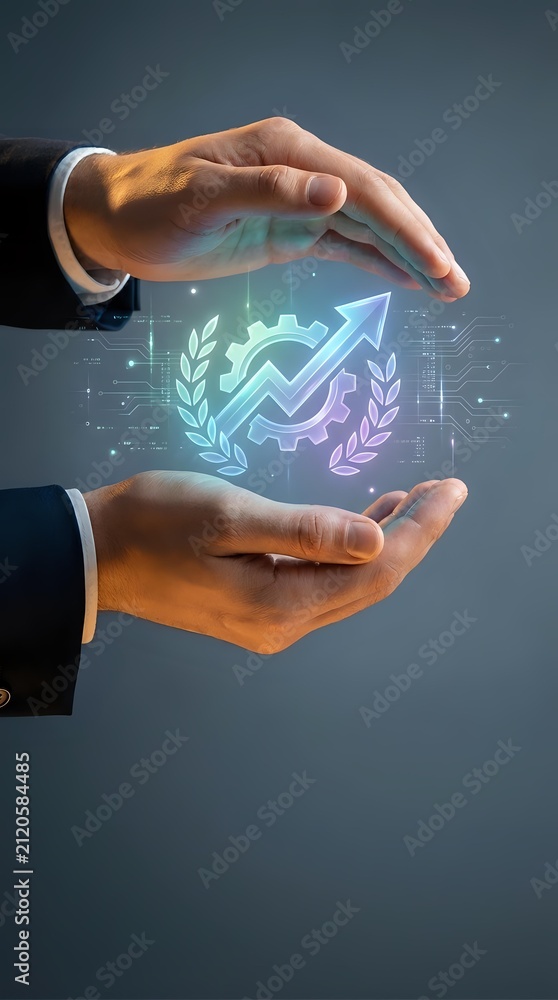 Obraz premium Businessman hands holding glowing holographic growth icon with upward arrow and gears, representing business success, digital innovation and financial growth strategy.