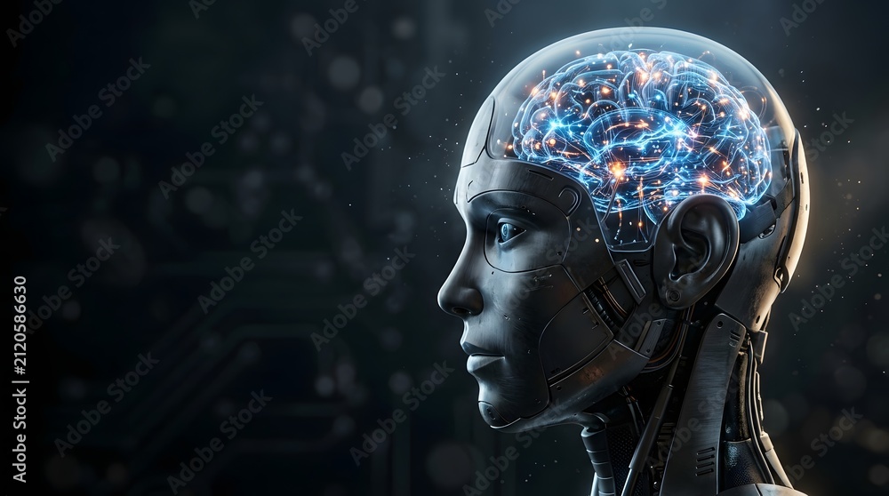 Obraz premium Artificial intelligence robot head with glowing digital brain, humanoid cyborg profile with neural network, futuristic bionic android mind concept