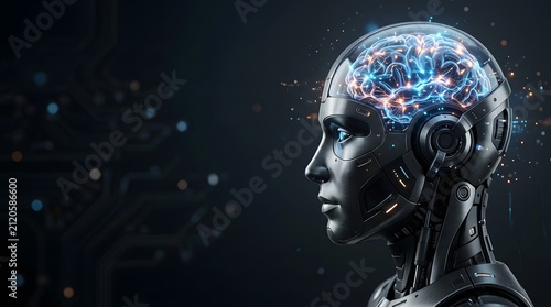 Artificial intelligence robot head with glowing digital brain, humanoid cyborg profile with neural network, futuristic machine learning concept
