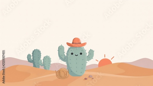 Cute cartoon cactus wearing cowboy hat in desert landscape illustration with depicts charming cartoon