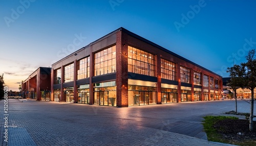 modern shopping center with brick facades and large windows at dusk
